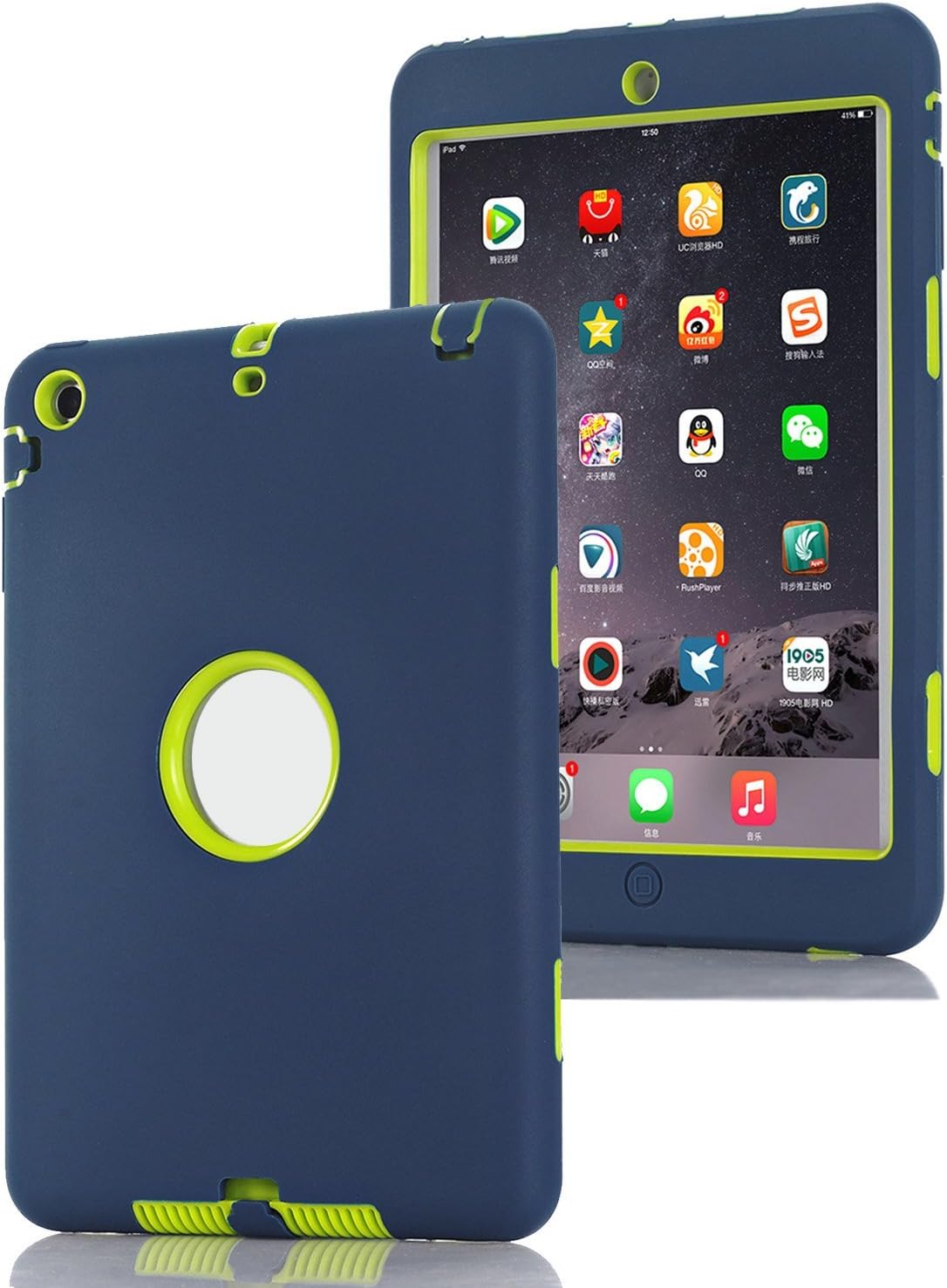 Xiangtian Hybrid Armor Defender Protective Case for iPad Mini 1/ iPad Mini 2/ iPad Mini 3 (Royal Blue + Lime)