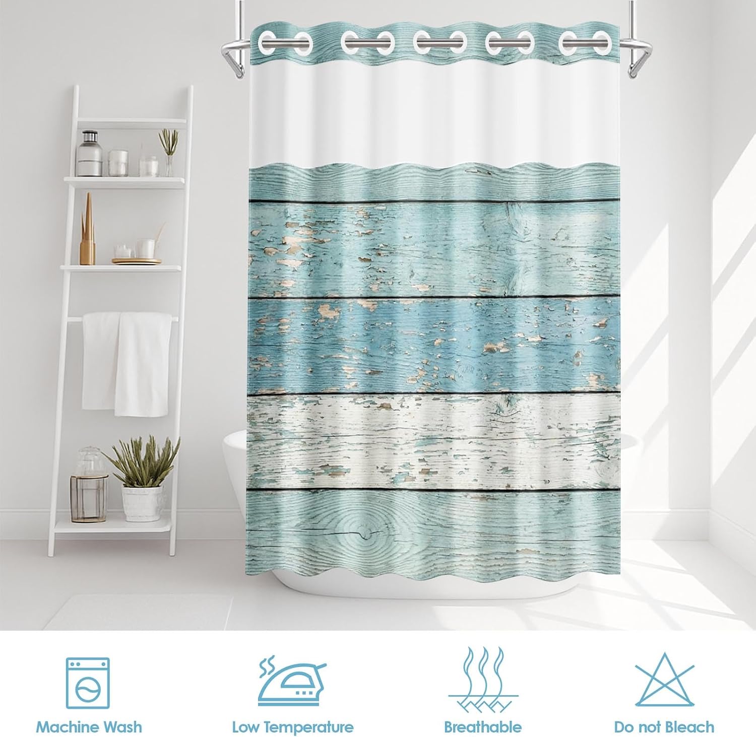 No Hook Rustic Coastal Farmhouse Shower Curtain with Snap in Fabric Liner Set, Vintage Blue Double Layers Waterproof Fabric with See Through Top Window Open Grommet Bath Curtain 71x74 Inch