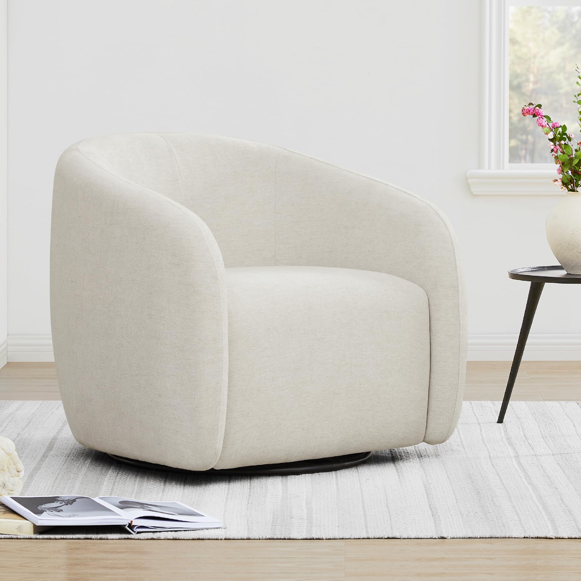 Watson & Whitely Swivel Accent Chairs for Living Room, Modern Upholstered Arm Chair for Bedroom, Fabric in Cream