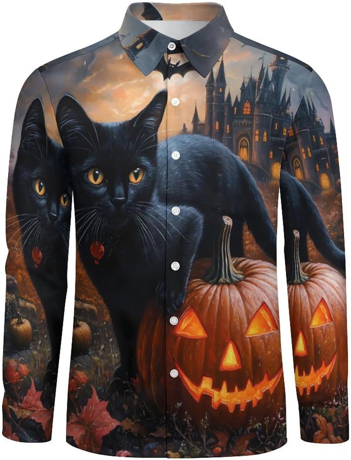 Halloween Pumpkin Black Cat Castle Long Sleeve Shirts Casual Dress Shirt Button-down T-shirts for Men