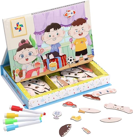 PicassoTiles 108pcs Reusable Magnetic Face Sticker Puzzle Book Drawing Board Set for Kids,Educational and Learning Activity Books, Toys & Activity, STEM Learning Toys, Early Education Toy,Gifts Boys