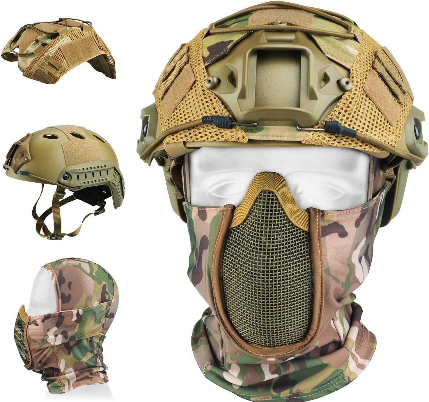 Guayma Airsoft Fast Helmet with Cover Half Mesh Mask Headgear PJ Type Tactical Multifunctional Protective NVG Mount for Paintball Multicam Military Outdoor Sports CS Game Shooting,Tan : Sports & Outdoors