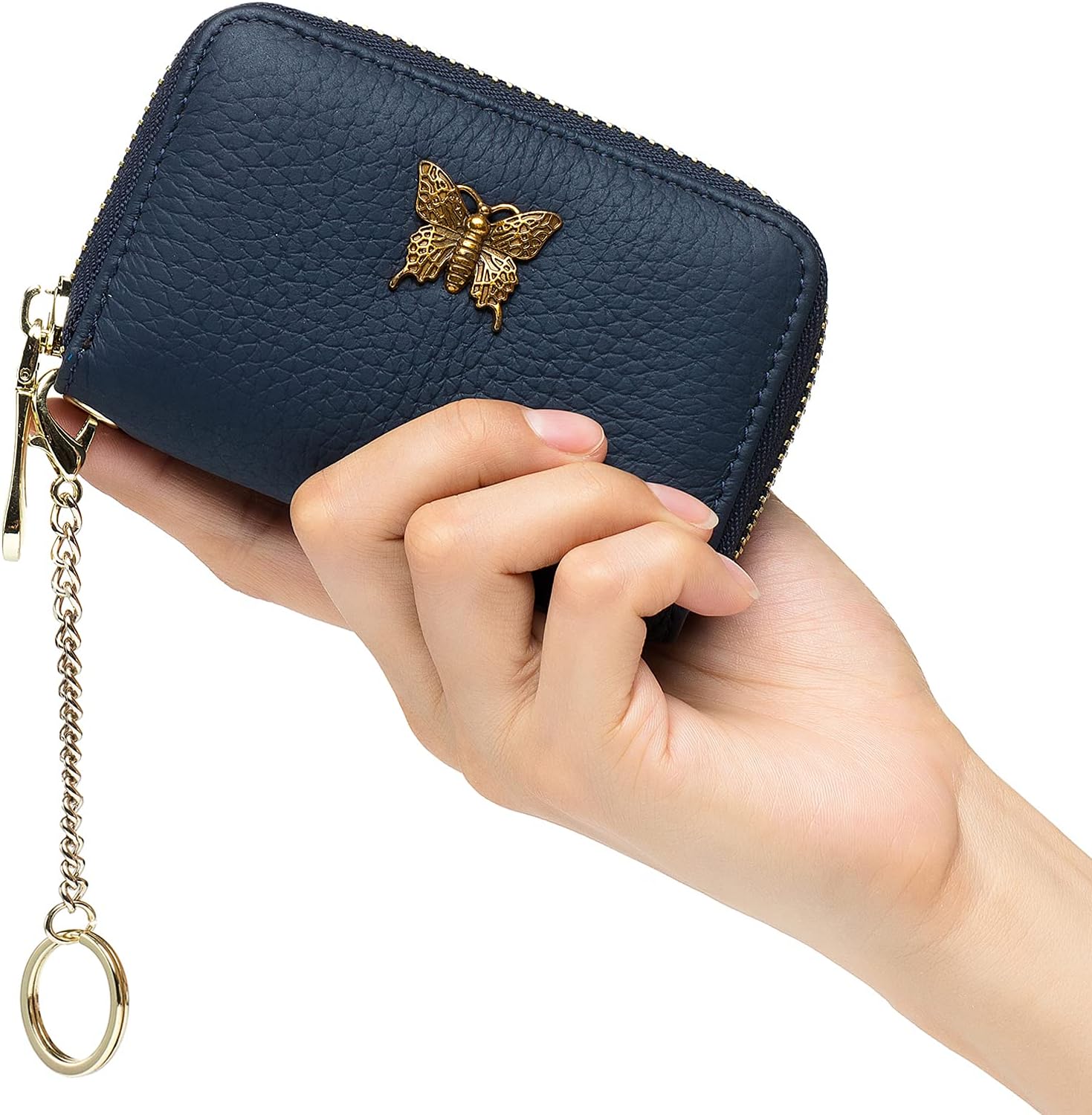 imeetu RFID Credit Card Holder for Women Genuine Leather Card Case Wallet with Zipper and Removable Keychain (Blue) - Image 7