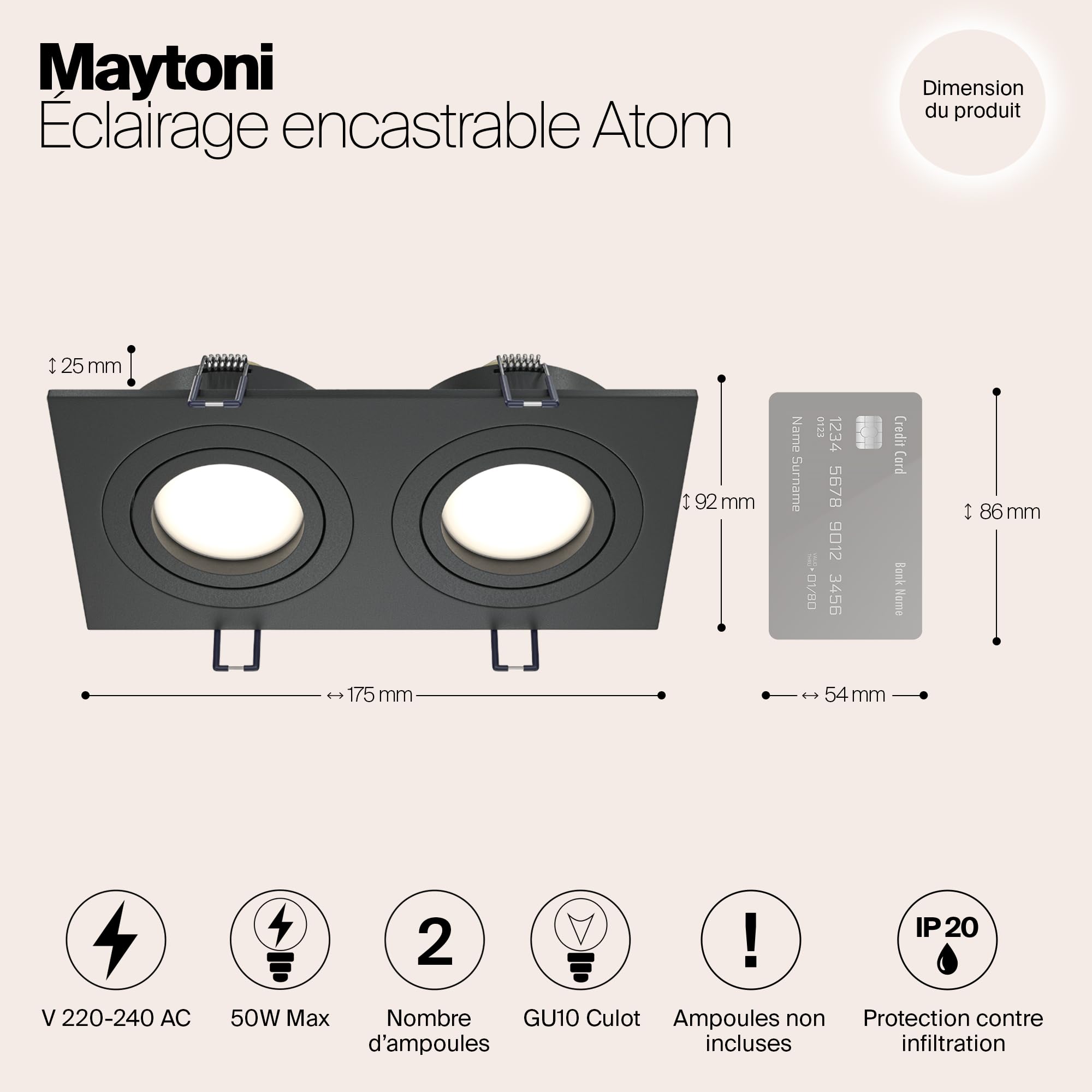 MAYTONI ATOM spot led encastrable carré – Downlight 2 x GU10 (10 W) – plafonnier LED plat en aluminium noir, orientable – luminaire plafonnier design pour cuisine, salon, chambre et couloir