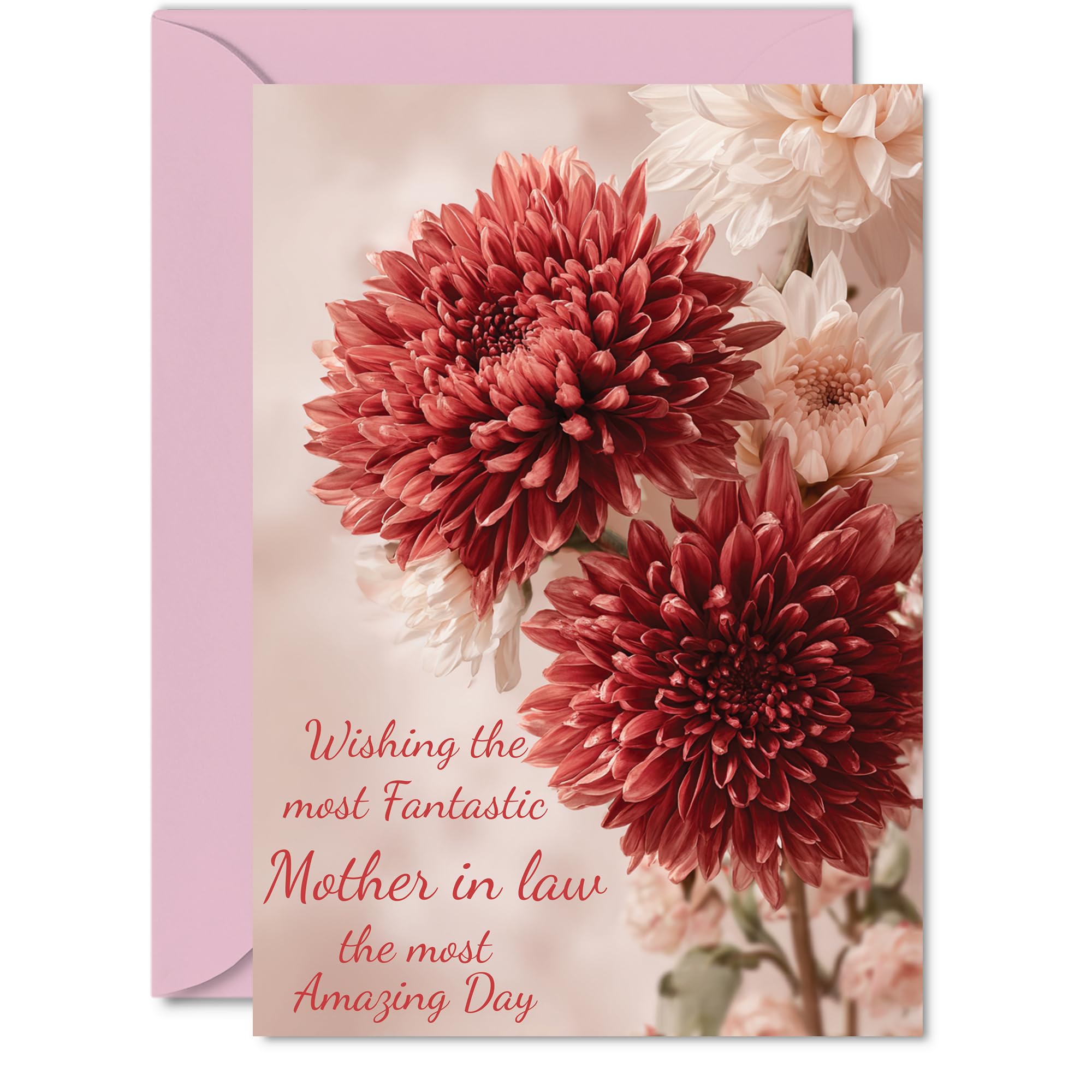 Mother in Law Birthday Card - Red Chrysanthemums - Happy Birthday Card for Mother in Law from Son Daughter, A5 Red Flowers Bday Greeting Cards