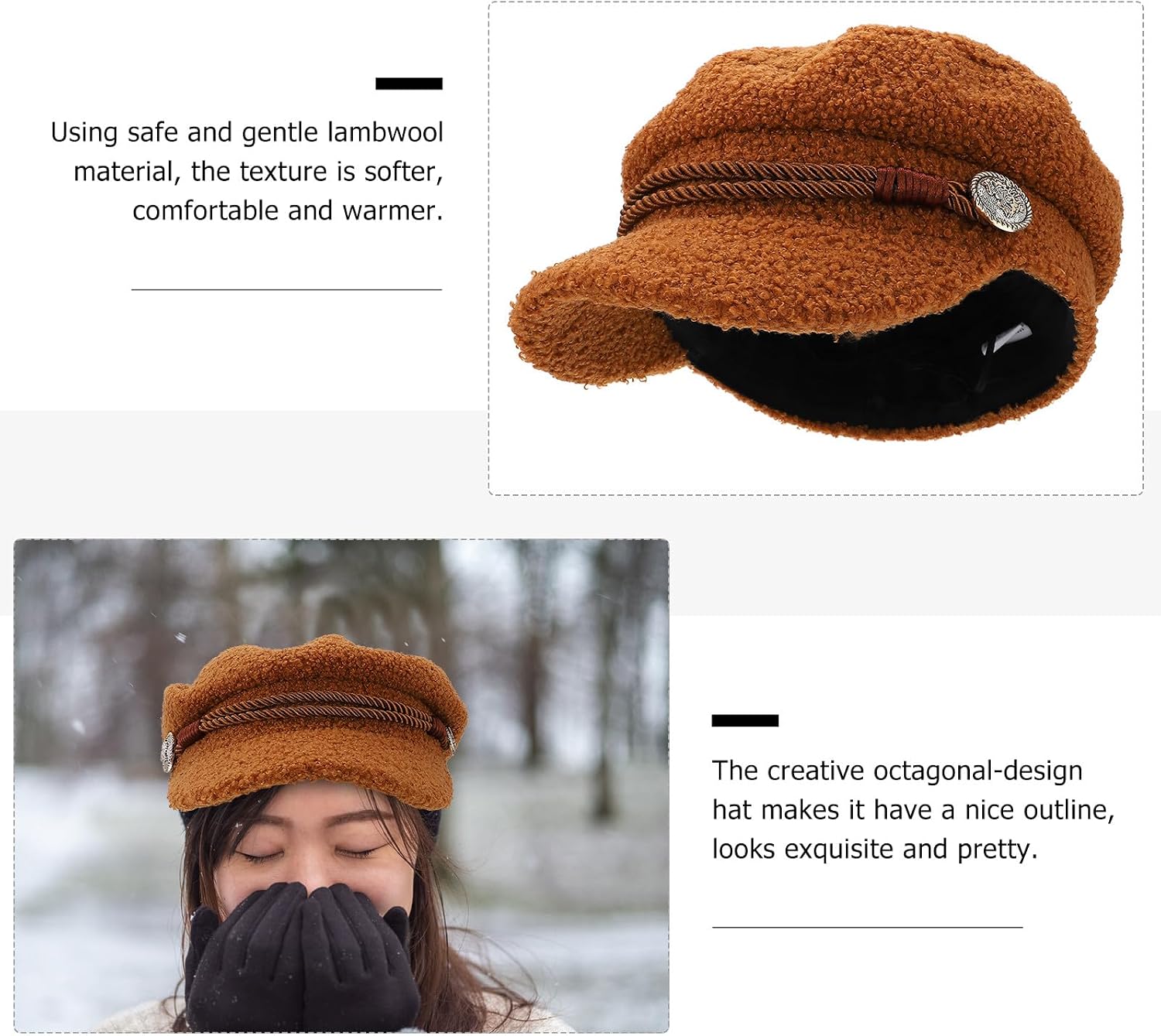 Healifty Octagonal Lambwool Beret Warm Women’s Winter Hat Outdoor Casual All-Match Decorative Camel Cap