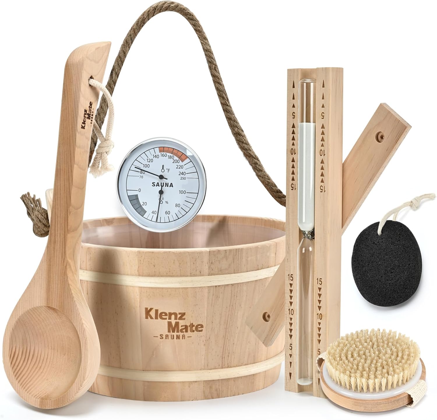 6 Pcs Sauna Accessories Kit, Wooden Sauna Bucket and Ladle Set, Thermometer Hygrometer, Sauna Hourglass Timer, Sauna Brush & Pumice Stone, Home Sauna Accessories Set, 1 Gallon Bucket, Handmade