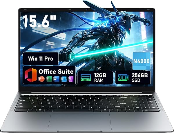 15,6" Ordinateur portable Win11 Pro avec 12 Go de RAM,SSD 256 Go,MS Office 365,écran 100 % sRGB,processeur N4000, Wi-Fi 5 double bande,Bluetooth 4.2, USB-A, HDMI, écran FHD 1920 x 1080 (N4000 12+256) - 1