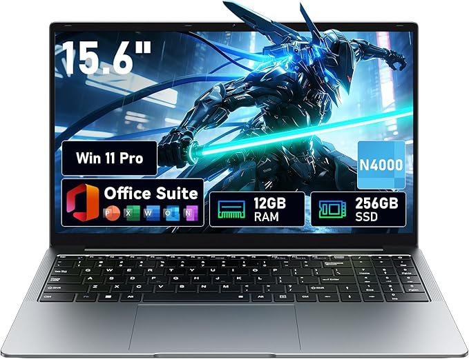15,6" Ordinateur portable Win11 Pro avec 12 Go de RAM, SSD 256 Go, MS Office 365, écran 100 % sRGB, processeur N4000, Wi-Fi 5 double bande, Bluetooth 4.2, USB-A, HDMI, écran FHD 1920 x 1080 (Blanc)