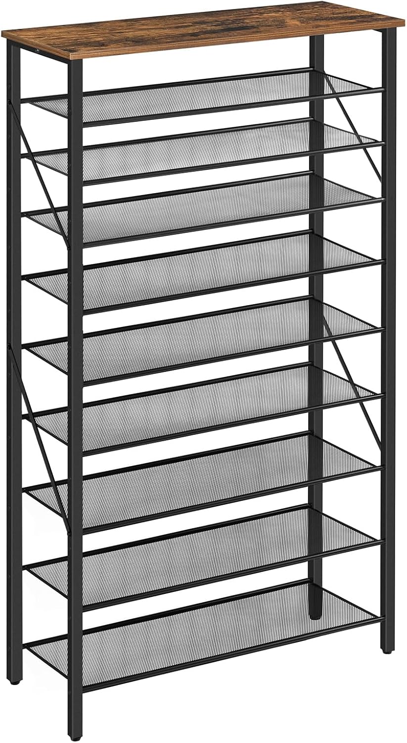 10 Tier Shoe Rack Organizer for Closet, Holds 36-40 Pairs, Tall Metal Shoe Storage Shelf for Entryway Bedroom, Sturdy Freestanding Shoe Rack Space Saving, Large Capacity, Rustic Brown