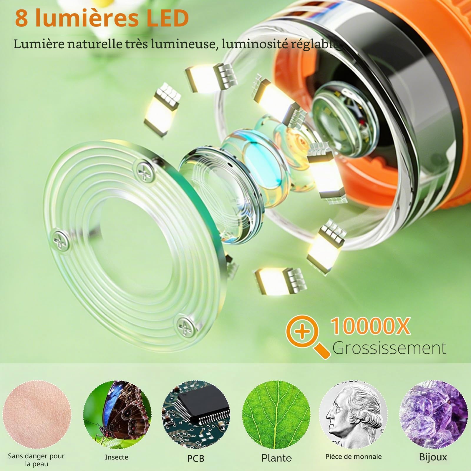 Microscope Portable pour Enfants, 1000X Mini Microscope Numérique avec Écran IPS 2,0" et 8 LED, Microscopes de Poche USB Type-C Compatible PC, Jouet Scientifique pour Enfants dès 3 Ans, Jaune