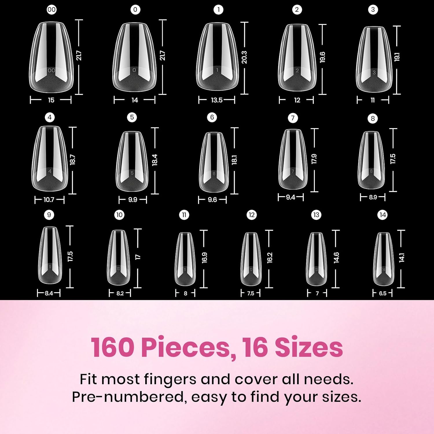 Beetles Gel Nail Tips Flat-X - Coffin Short, 160pcs 16 Sizes, Pre-Etched Half Matte Full Cover Soft Acrylic False Nail Tips Clear Press on Easy DIY Extension Salon for Flat & Natural Nail Beds