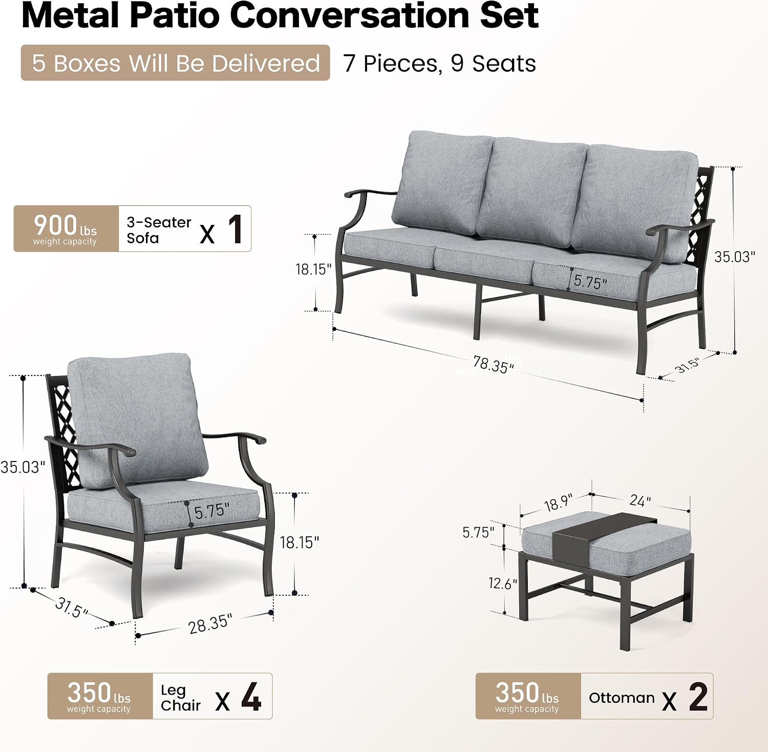 SUNSHINE VALLEY 7 Piece Metal Outdoor Patio Furniture Set, Patio Conversation Sets 1 3-seater Sofa, 4 Fixed Chair, 2 Ottomans with 5.75" Thick Cushion, Black All-weather Frame Backyard Furniture, Gray