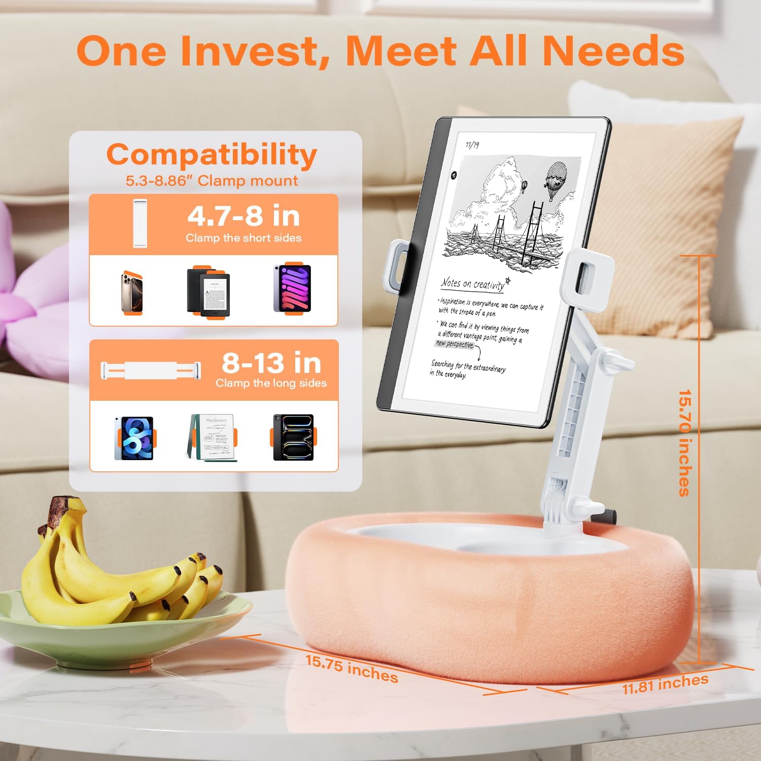 Kindle Tablet Pillow Stand with Detachable Trays Fit iPad Tablet Stand Holder for Bed Fit 4''-13'' Phone/Kindle with Case Reading Accessories Gift Soft Plus Fabric, Pink