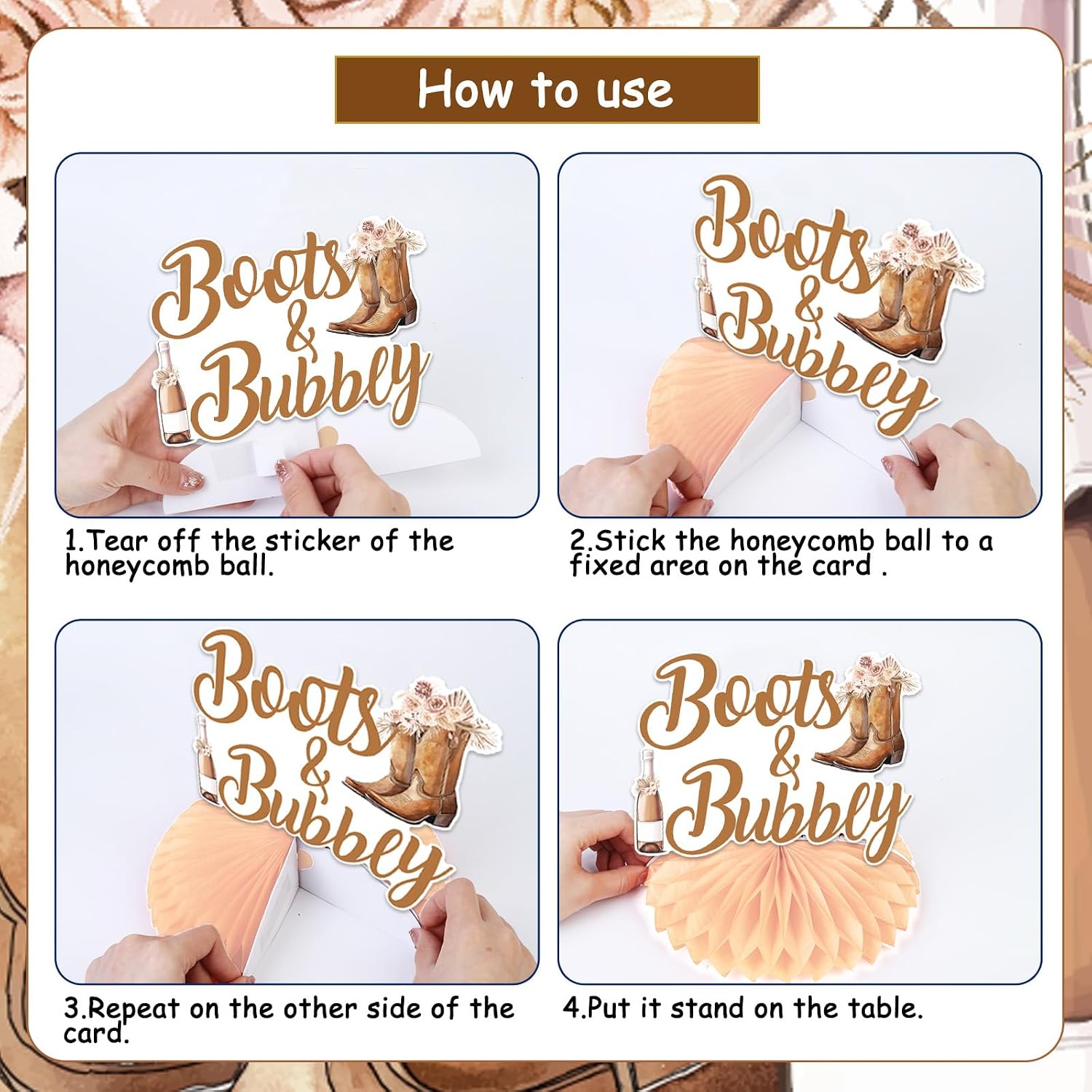 Jollyboom Boots and Bubbly Bridal Shower Decorations, 8pcs Boho Bridal Shower Honeycomb Centerpiece Double-Sided Printing Table Decor for Boots and Bubbly Bride to Be Bachelorette Engagement Party