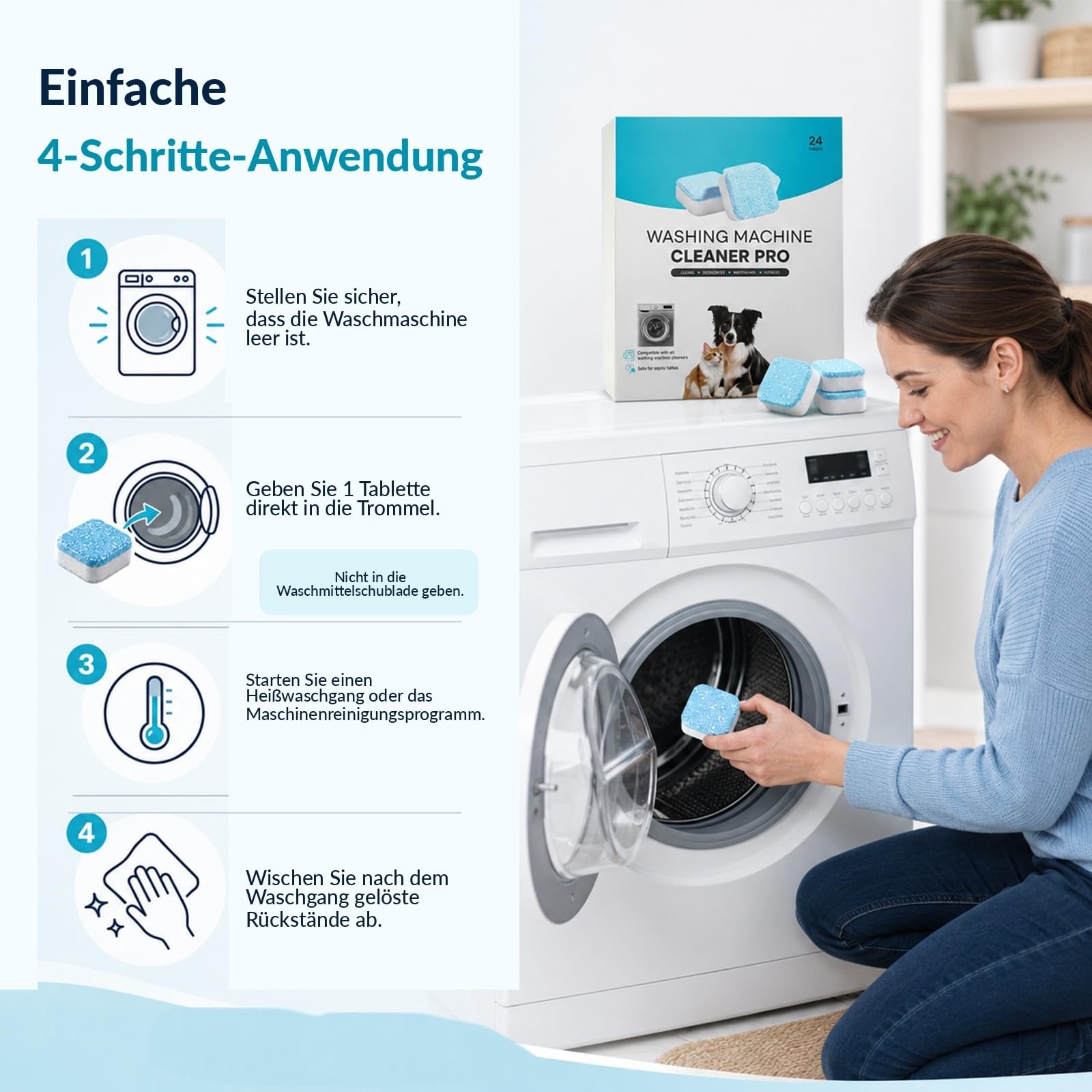Zunial Waschmaschinenreiniger Pro, Zunial Maschinenreiniger, Maschinenreiniger Tabs Für Waschmaschine, Waschmaschinen-Reiniger Gegen Gerüche, Tierhaare Und Rückstände (48 Stück)