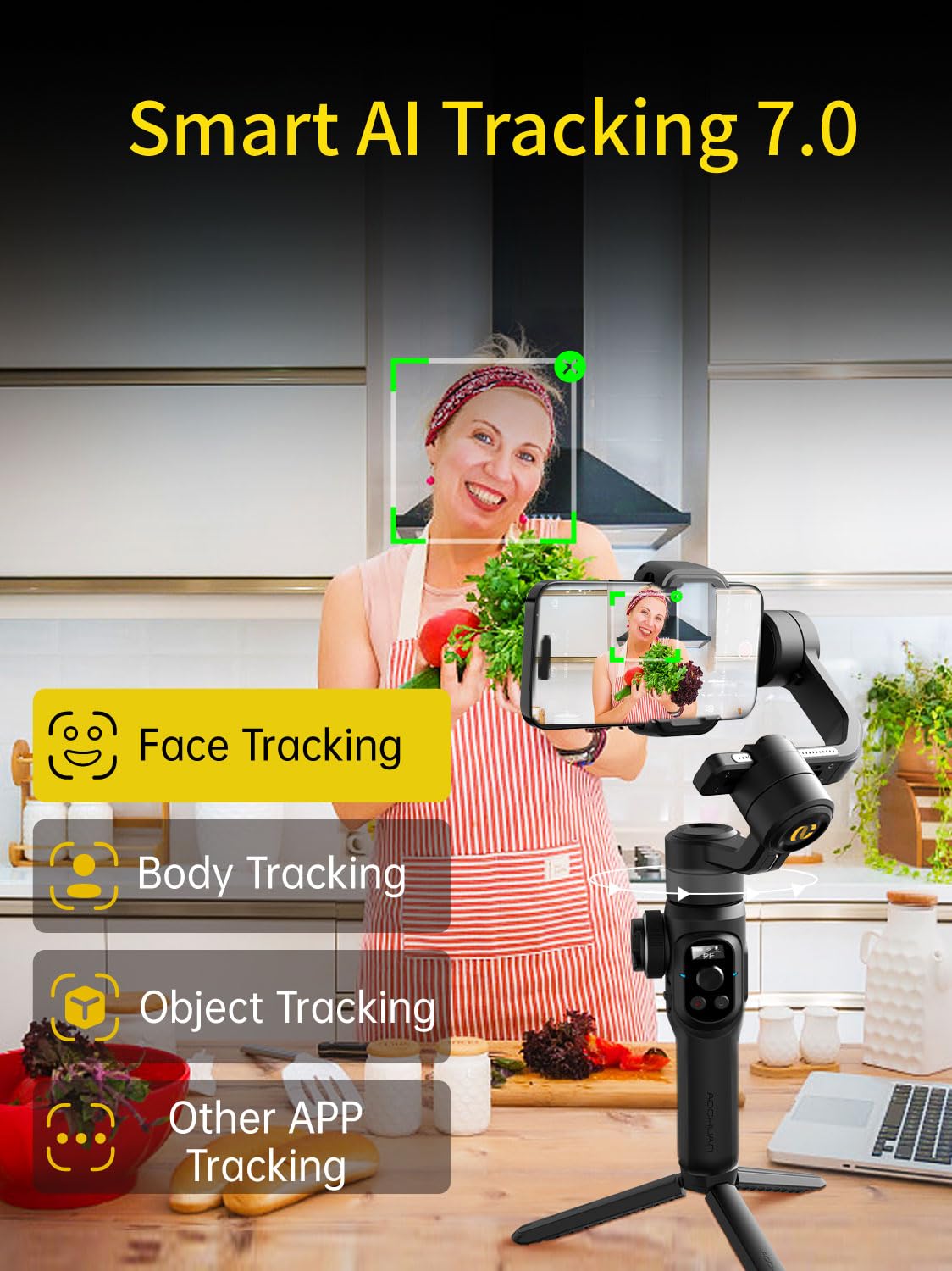 AOCHUAN Gimbal Stabilizer for Smartphone, Phone Gimbal w/8" Extension Rod, Profession 3-Axis Stabilizer w/RGB Magnetic Fill Light for Video Recording, Compatible w/iPhone/Andriod-: Smart S2