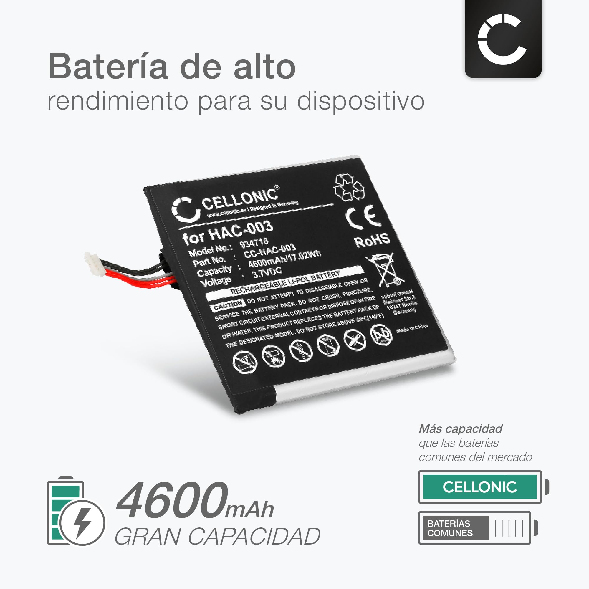 CELLONIC 1x Batería Compatible con Nintendo Switch, HAC-003, HAC-001 | 1x, (4600mAh-3.7V-Litio Polímero), Videoconsola Batería, para Nintendo HAC-001(-01), HAC-A-BPHAT-C0