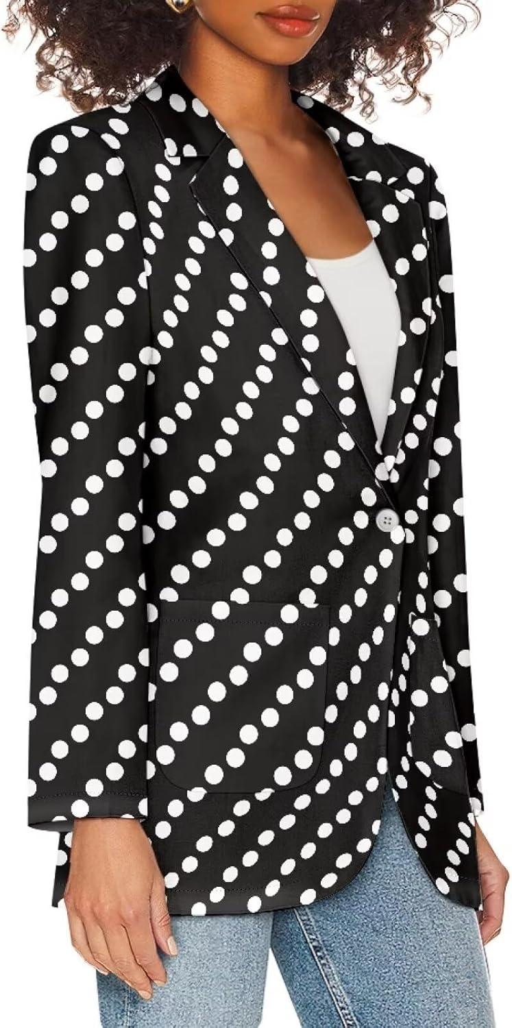 Polka Dot Print Women's Blazer Long Sleeve Blazer Jackets with Pockets Loose Fit Work Casual Dress Blazer