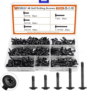 220pcs #8 Self Drilling Screws Self Tapping Tek Screws Assortment Kit Black Oxide Truss Head Sheet Metal Screws 410 Stainless Steel (1/2"to1-1/4") K-055-220P