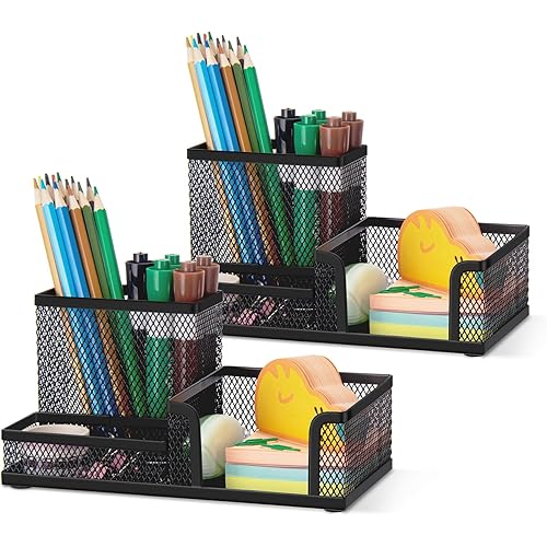 Comix Mesh Pen Pencil Holder Desk Organizer, 3 Compartment Wire Desktop Pen Pencil Cup Caddy Office Supplies Accessories for Home Office School, Black(2 Pack)