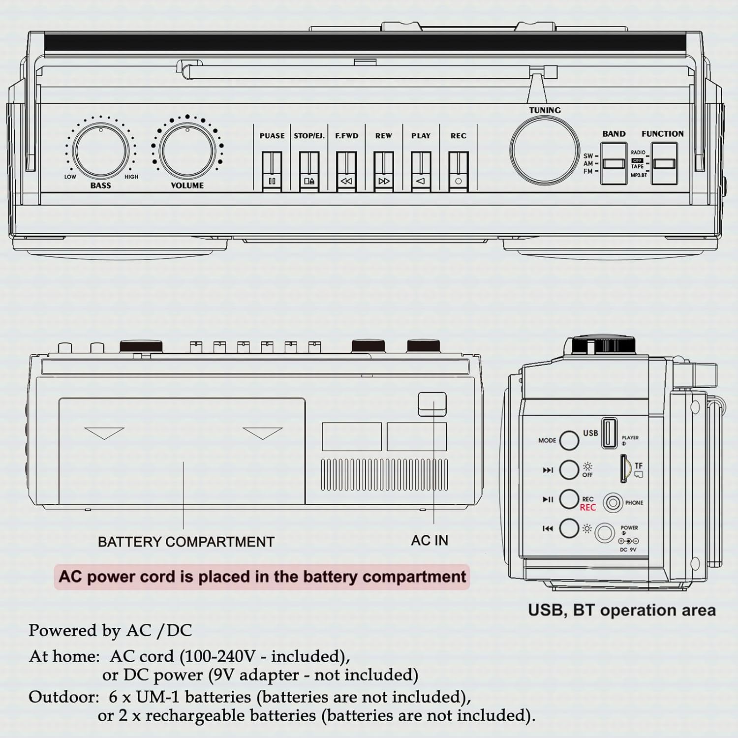 Retro 80's Cassette Player Recorder with AM/FM/SW Radio, Bluetooth Boombox, USB, Built-in MIC for Voice Recording, RGB Colorful Lights, Headphone Jack, AC or Battery Powered - Image 8