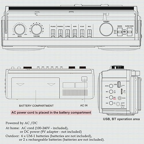 Miniatura 8 de Grabador de cassette retro de los años 80 con radio AMFMSW, Boombox Bluetooth, USB, micrófono integrado para grabación de voz, luces coloridas RGB,
