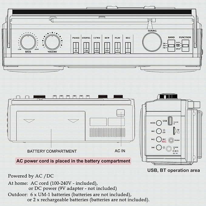 Reproductor Cassette Retro 80's con Radio AM/FM/SW y Bluetooth miniatura 8