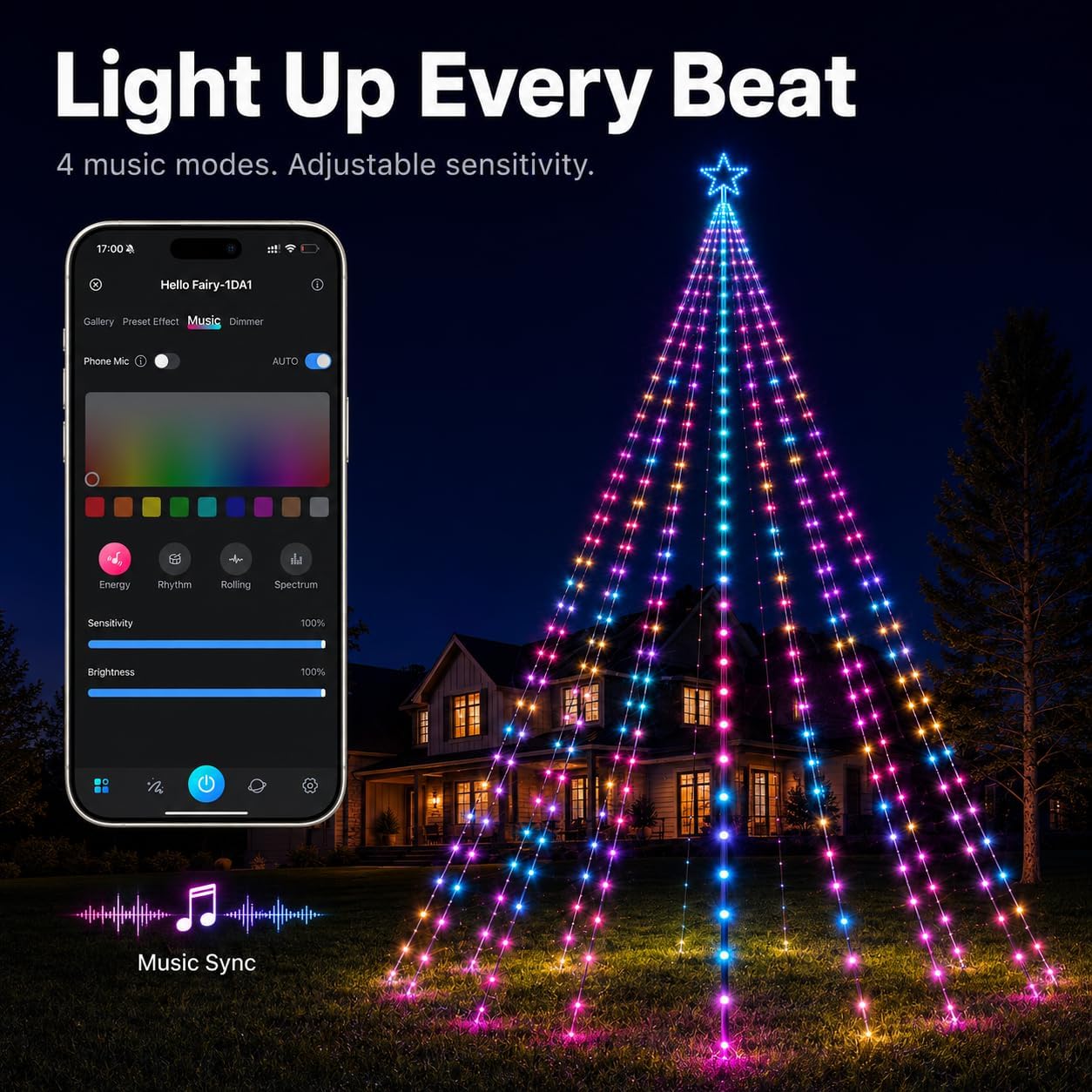 Popotan 17.1FT RGB Music-Sync Christmas Tree Lights, Pole & Ground Stakes image 4
