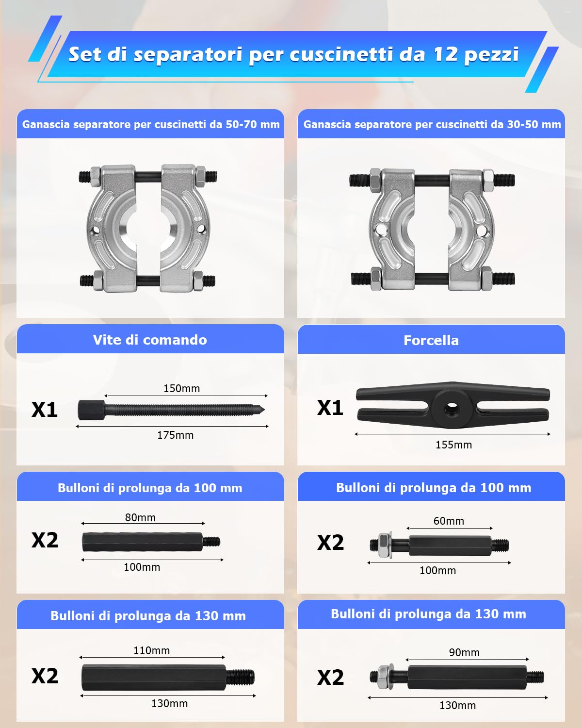 DAYUAN - Set di estrattori e separatori per cuscinetti, 12 pezzi, capacità di 5 tonnellate, kit di estrattori per cuscinetti da 5 cm e 7,6 cm