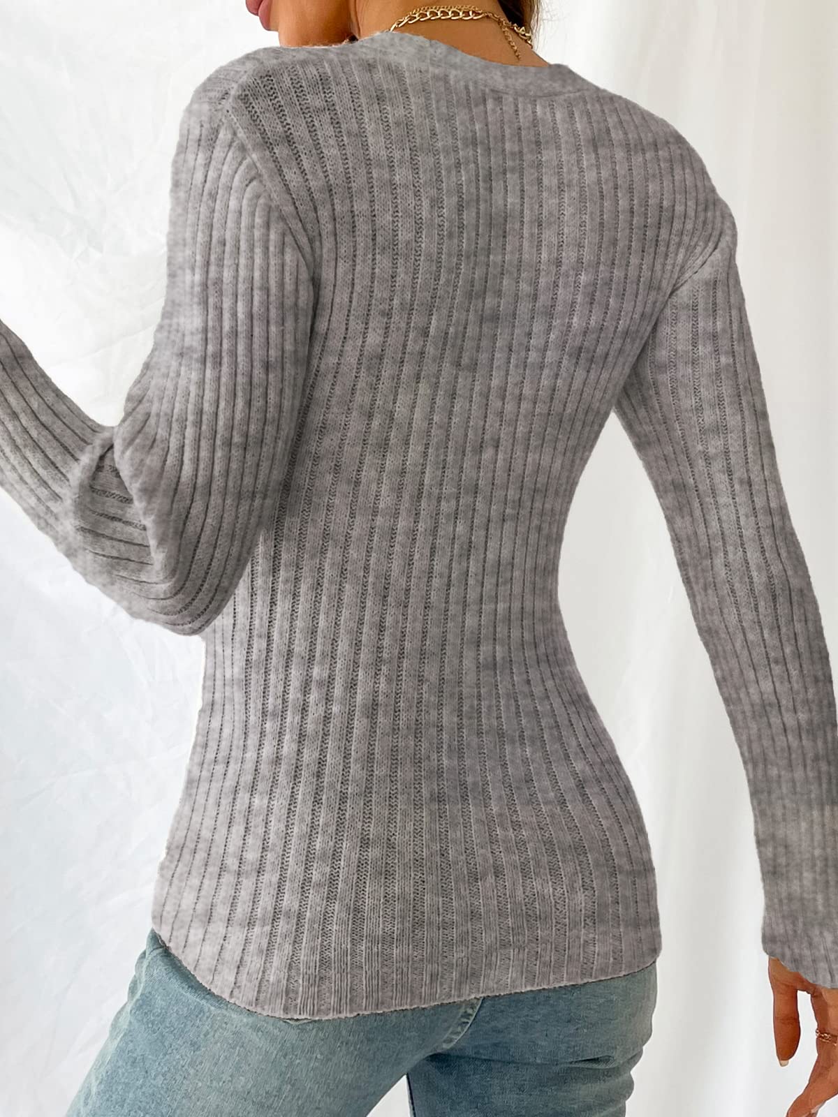 CUPSHE Pull côtelé à manches longues pour femme, tricot d'automne avec col en V