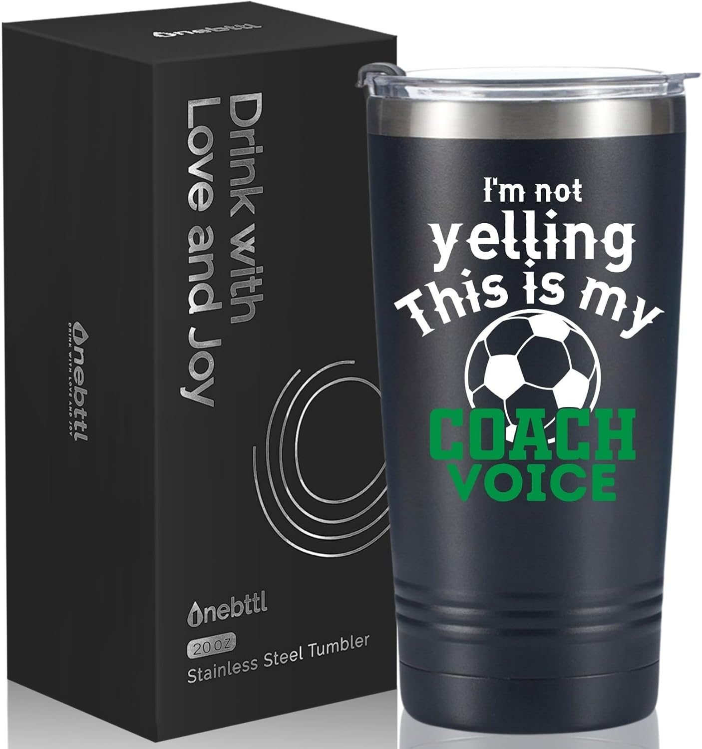 Onebttl Soccer Gifts for Coach, Soccer Travel Mugs Cups for Football Lovers Men, 20oz Tumbler for Men, Black (I'm Not Yelling, This Is My Coach Voice)