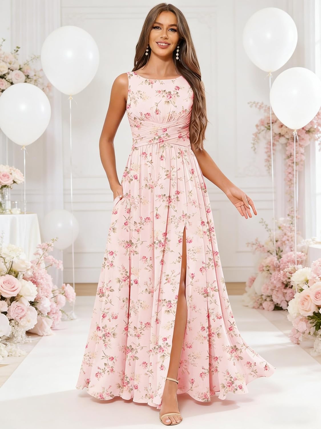 Women’s Pleated Chiffon Bridesmaid Dresses Scoop Neck Formal Dress A-line Wedding Guest Dress with Pockets