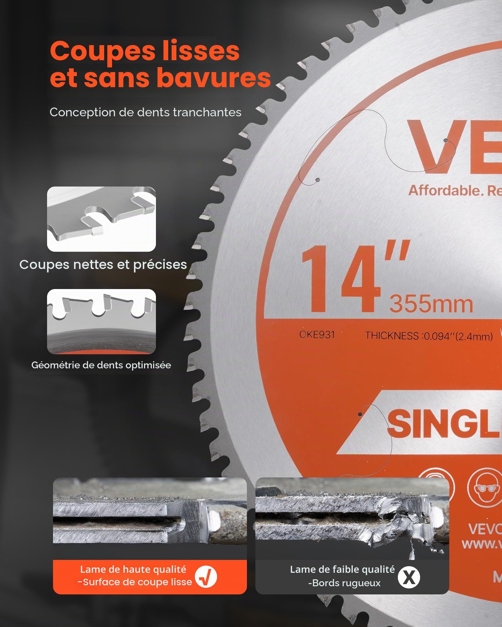 VEVOR Lame de scie circulaire, Ø 355 mm, lame de coupe pour scie circulaire, 72 dents alliage, arbre 25,4 mm, finition soignée, avec évents de chauffage antibruit, pour couper aluminium, acier, métal
