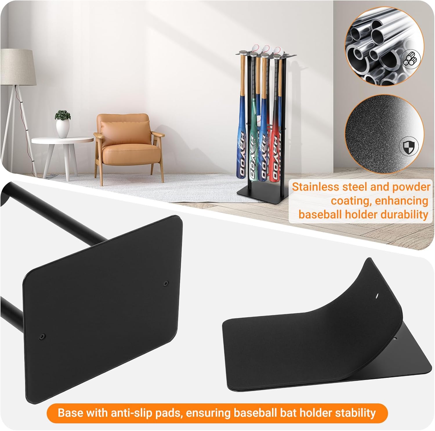 Baseball & Softball Bat Holder Stand – Holds 8 Bats & 5 Balls, Free Standing Metal Organizer for Garage, Home, or Team Dugouts – Sturdy, Easy Assembly – Fits Fungo/Training Bats, 34.25" Height