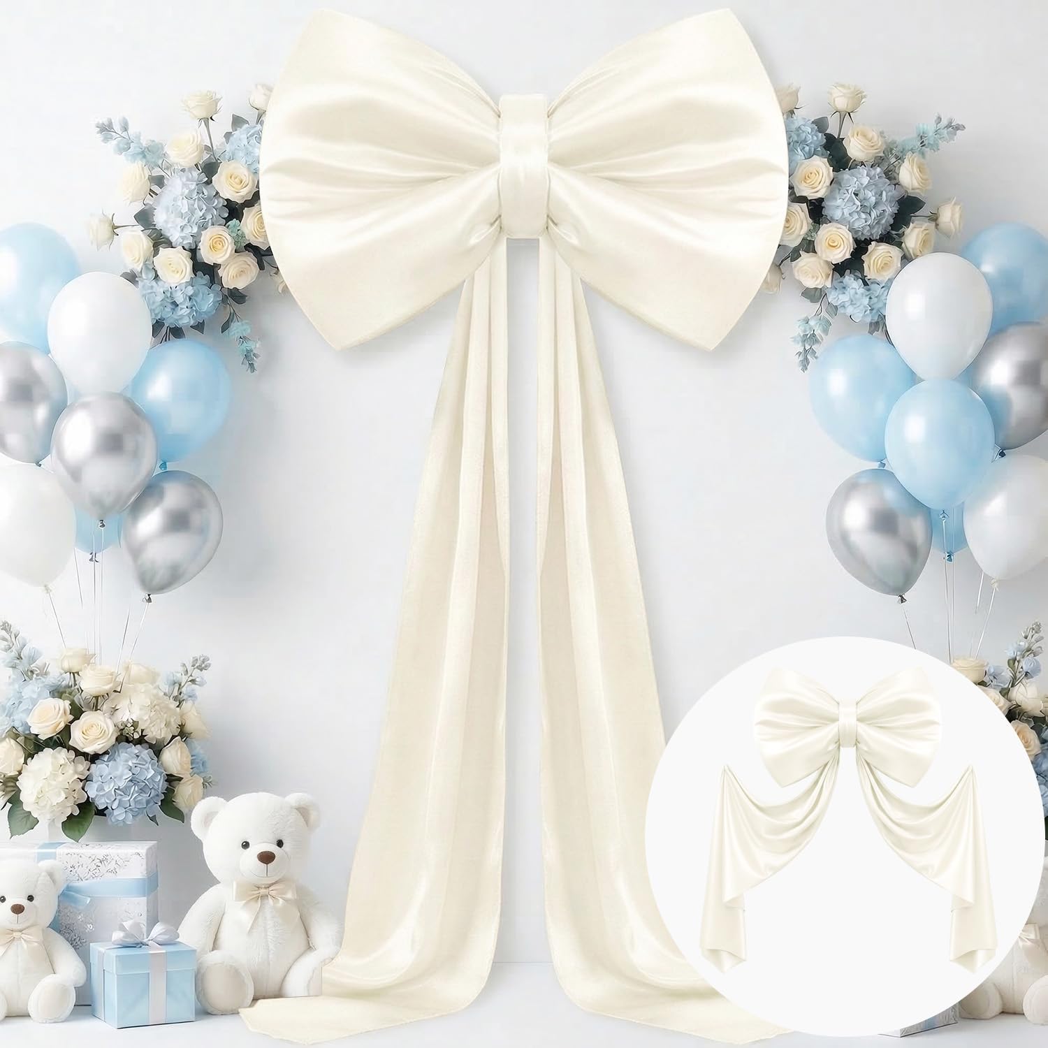 Large Cream Bow for Coquette Wall Decor, 22'' x 70'' Giant Bow for Birthday Party Wall Decor, Big Bows with Long Ribbon, Coquette Theme Wedding Bride Backdrop Decors (Satin, Internal Stability Layer)
