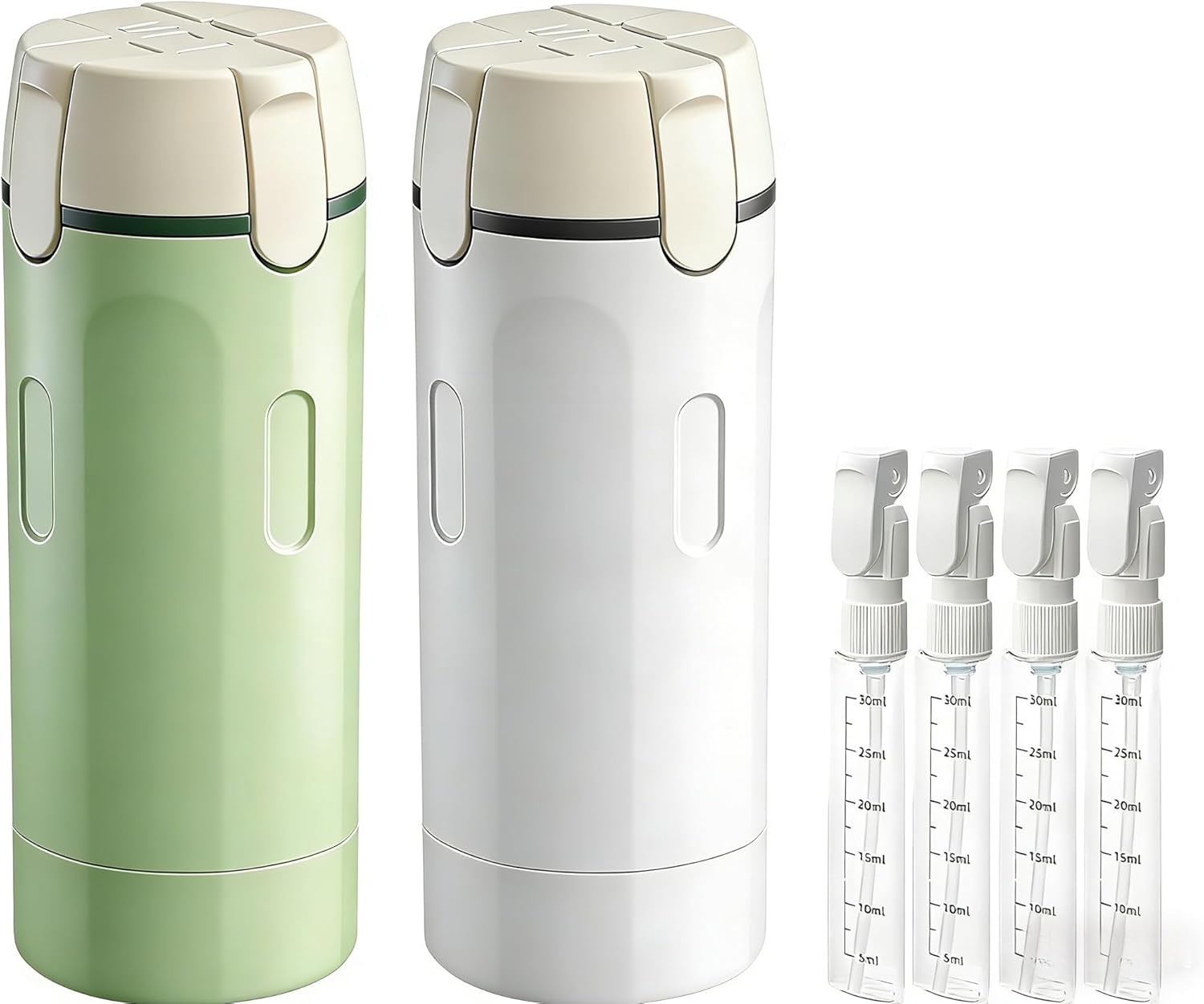 4-in-1 Travel Dispenser Bottle, Portable Cosmetic Dispenser Containers for Shampoo Lotion Conditioner Cream, Leak Proof Travel Dispenser, 30ML (Green & White)