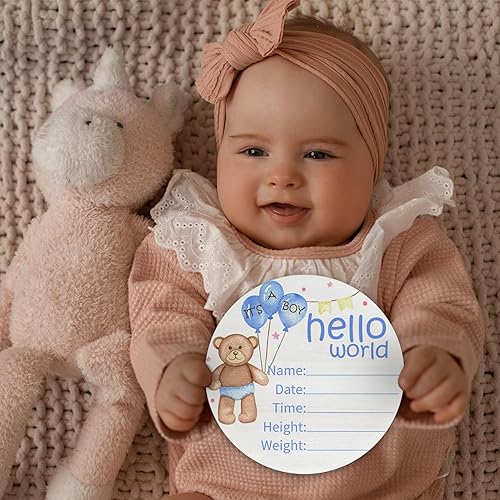 Miniatura 4 de Letrero redondo de madera de abedul para recién nacido con anuncio de nacimiento de Hello World para guardería, hospital y baby shower, placa