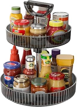 2-Tier Lazy Susan 360° Rotating Turntable Organizer Rack with Handles Height Adjustable, Spice Rack Holder Organizer for Cabi