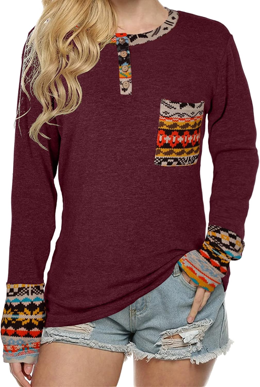 MNLYBABY Women Long Sleeve Tops O-Neck Patchwork Basic T-Shirts Blouse Tunic Tops with Pocket Casual Loose Sweatshirt at  Women’s Clothing store