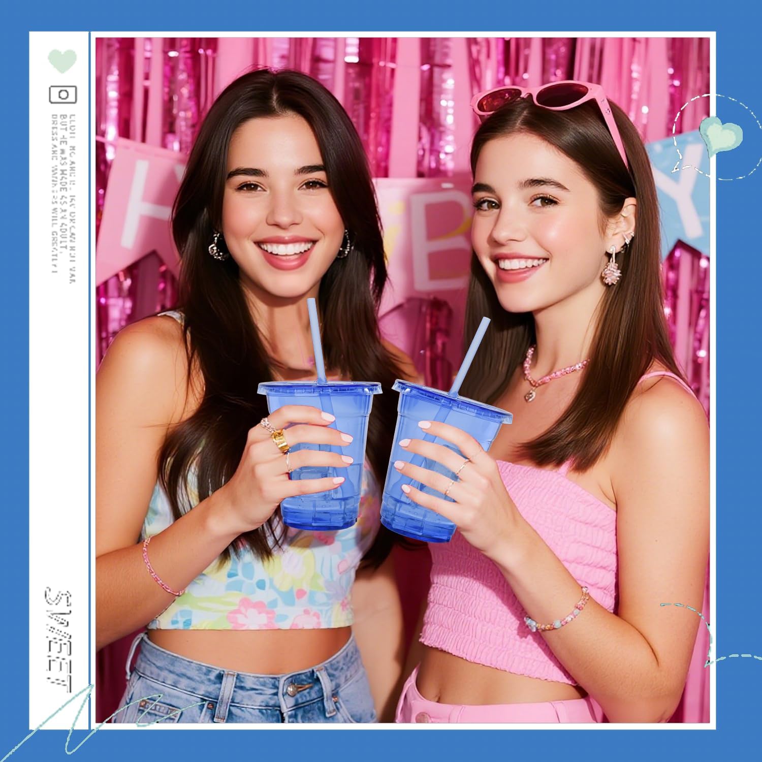 100 Set Blue Plastic Cups with Lids and Straws 12 oz Disposable Drinking Clear Cups for Wedding Blue Birthday Party Supplies