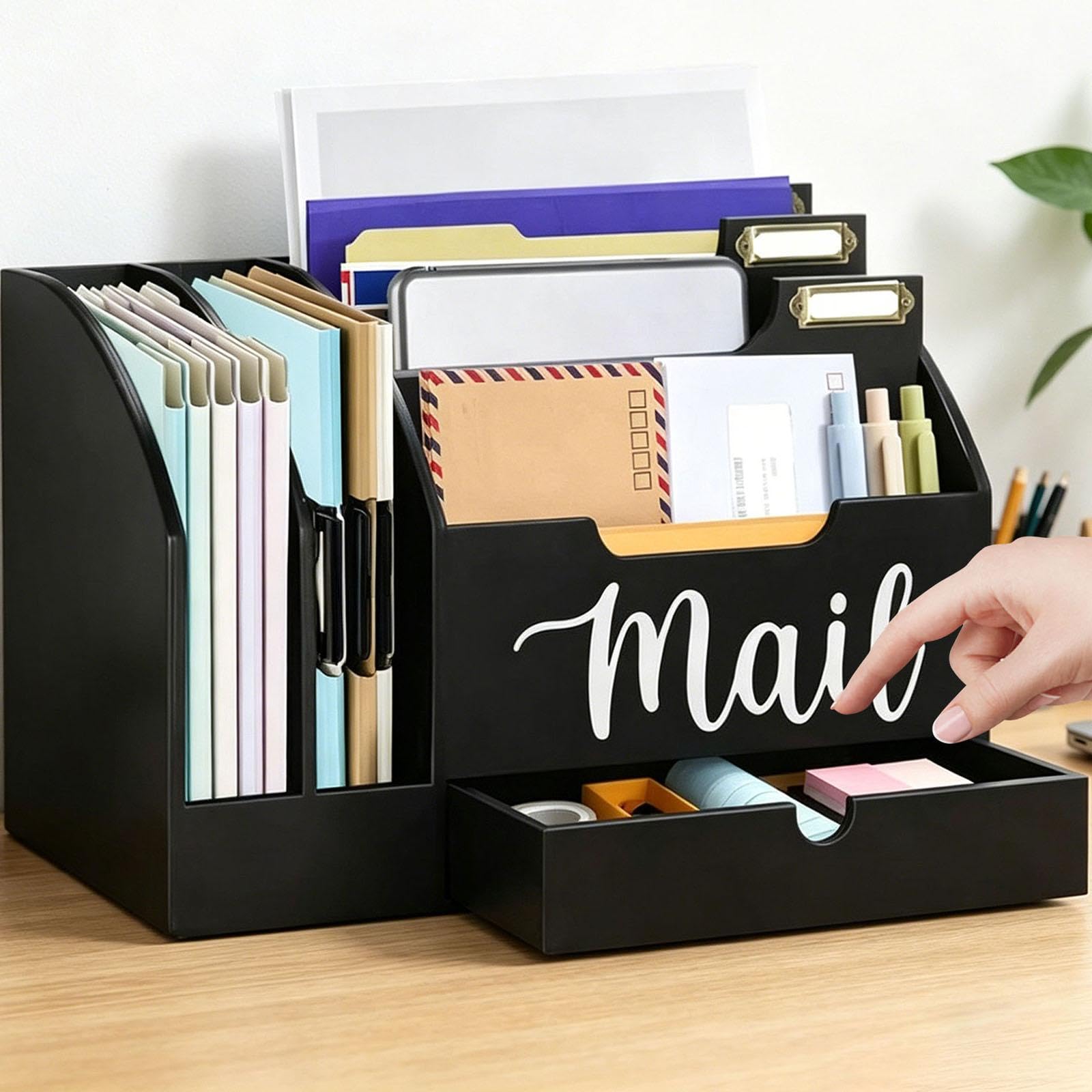 Organizer in Legno 6 per Scrivania Portabuste con Cassetto Supporto per Mail Organizzatore per Ufficio Accessori per Scrivania Moderni, Nero