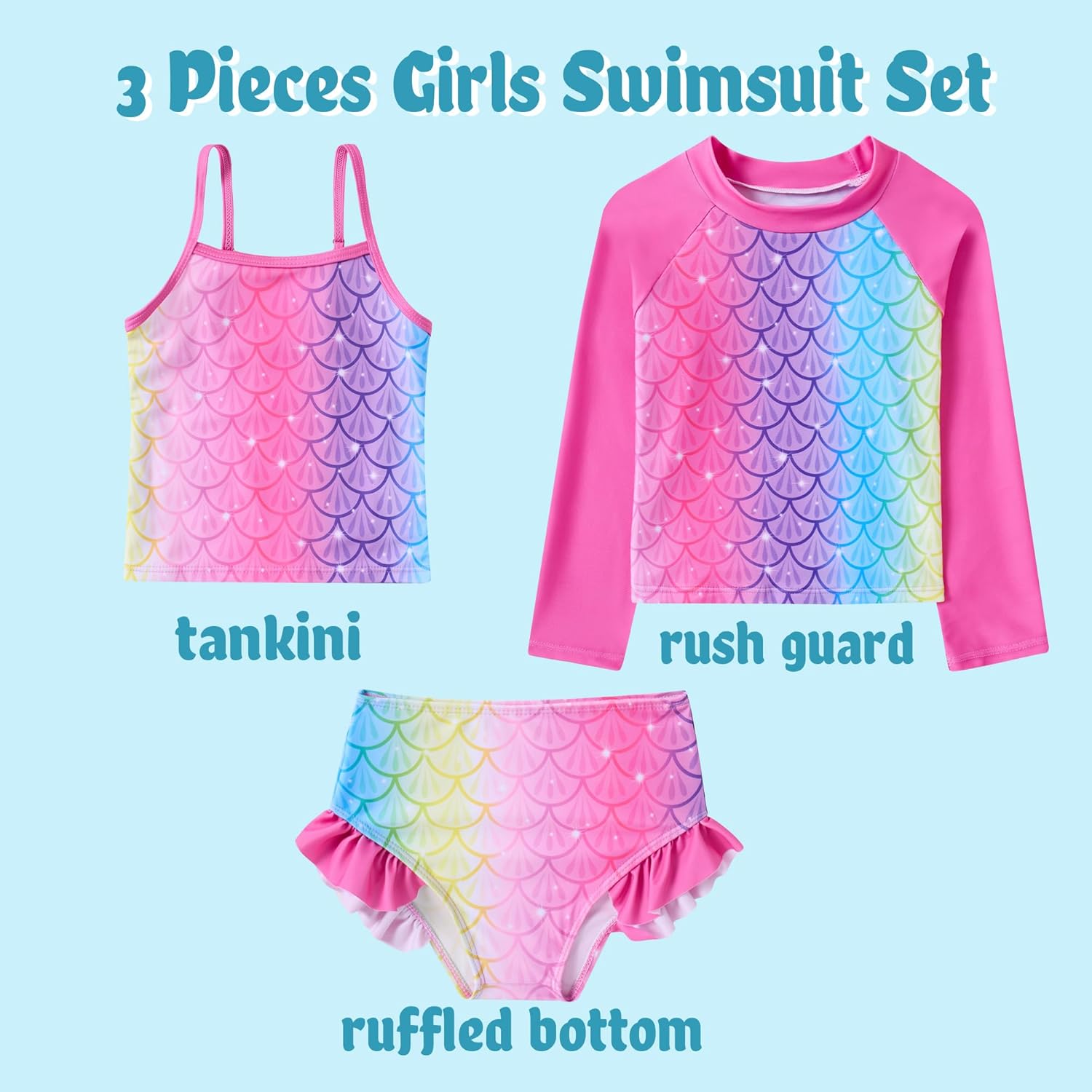 swimsobo Girls 3-Piece Swimsuit Size 3-10Y Bahting Suit Long Sleeve Rash Guard Tankini Sets UPF Sun Protection