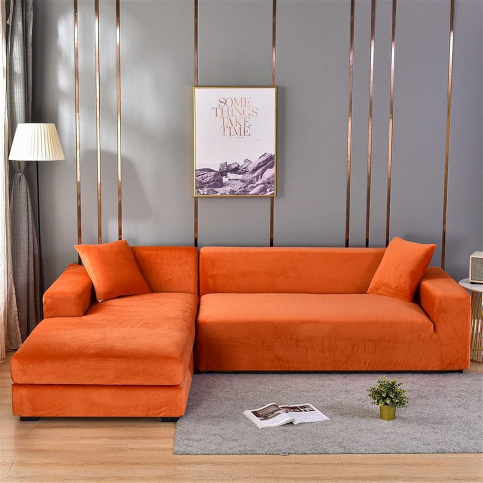 Odot Sofa Cover,Stretch Silver Fox Velvet Sofa Cover 1 2 3 4 Seater,Breathable Soft Sofa Slipcovers,for Corner Sofa Cover L Shape,Couch Cover Non Slip Furniture Protector Cover (Orange,1 Seater)