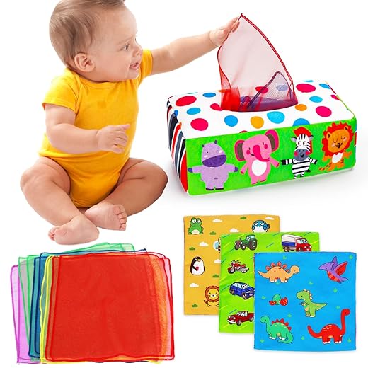 Baby Toys 3 4 5 6 7 8 9 12 Month Old Montessori Tissue Box Toys for Babies Infants 0-6 6-12 Months Soft Sensory Educational Crinkle Toys Scarves Developmental for 1 2 Year Old Boys Girls Toddlers Gift