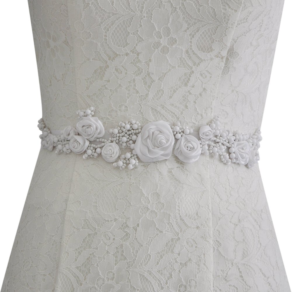 TOPQUEEN Women's White Flower Beaded Wedding Belt Sashes Bridal Sash Belts for Wedding
