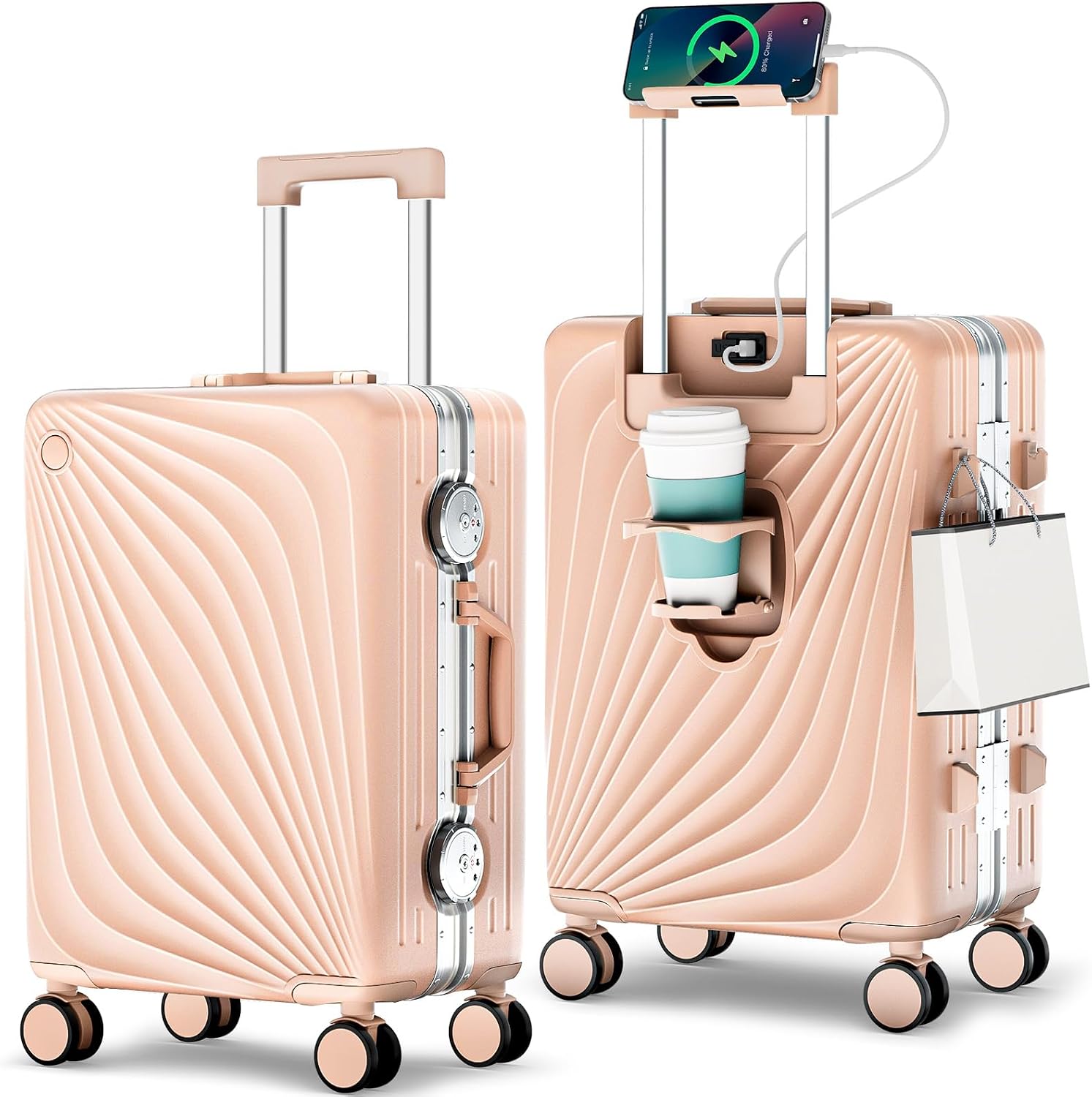 Carry On Luggage, Aluminum Frame Zipperless Suitcase, Silver, 20 in | Airline Approved, Hardside, TSA Lock, 360°Spinner Wheels, PC, Wet and Dry Separation Pocket, Cup and Phone Holder, Side Hook