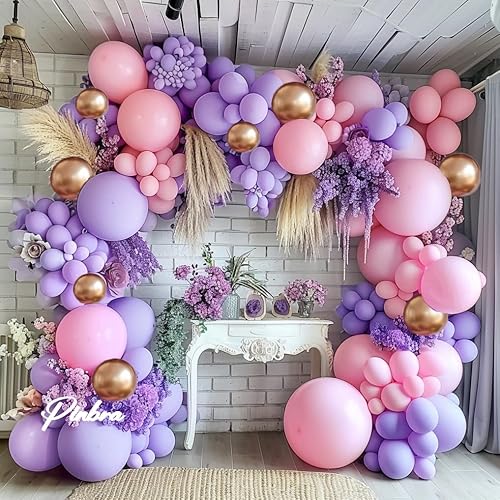 Miniatura 2 de Kit de guirnalda de arco de globos pastel, globos rosas y morados, doble relleno, rosa pastel, lavanda, lila, globos dorados metálicos, globos de
