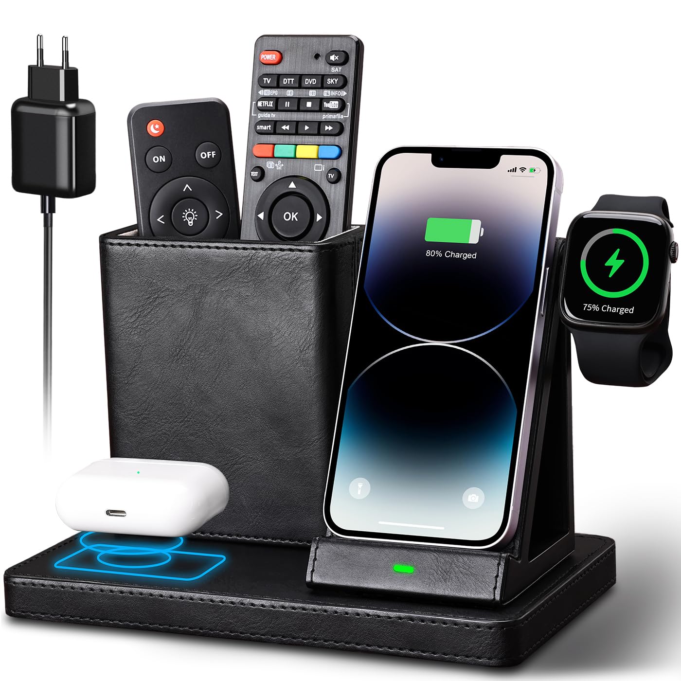 3 in 1 stazione di ricarica induttiva, KINGFOM caricatore wireless Ricarica induttiva con adattatore da 30W, stazione di ricarica wireless per iPhone 15/14/12/11, IWATCH 9/8/6/5/4/SE, AirPods Pro/2/3