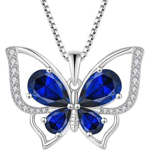 YL Women's Butterfly Necklace 925 Sterling Silver Flower Rose Pendant Birthstone Halo Jewelry